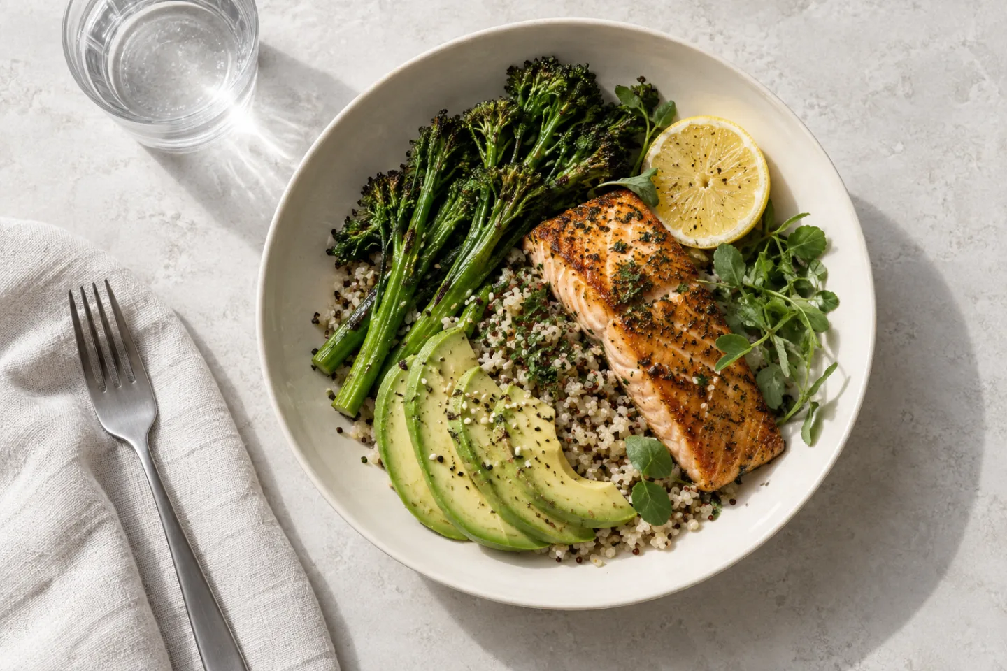 Salmon, broccolini, avocado and grains on a white ceramic plate